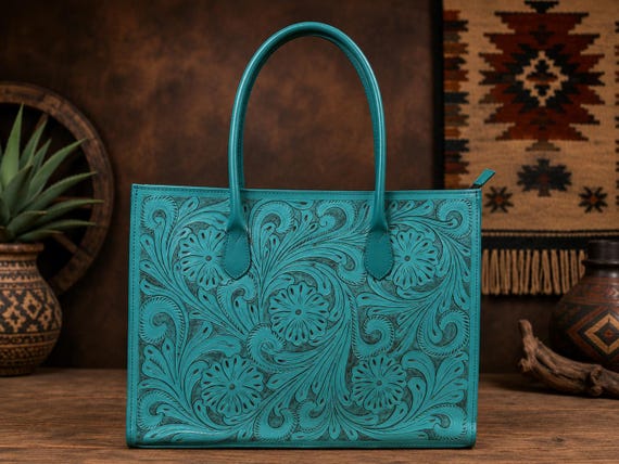 Hand-Carved Leather Tote Bag Floral Tooled Blue Turquoise | Fits 16” Laptop | Genuine Leather Work Bag | Western Southwestern Cross-body Bag