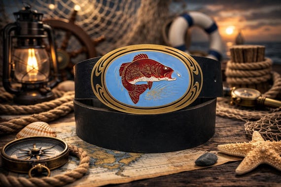 Vintage Fish Belt Buckle, Solid Brass | Custom Genuine Leather Belt | Nautical Fisherman Gift | Gift for Him