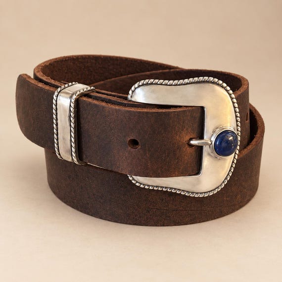 Southwestern Belt, White Brass Lapis Belt Buckle with Custom Genuine Leather Belt, Handmade Leather Belt, 114 g