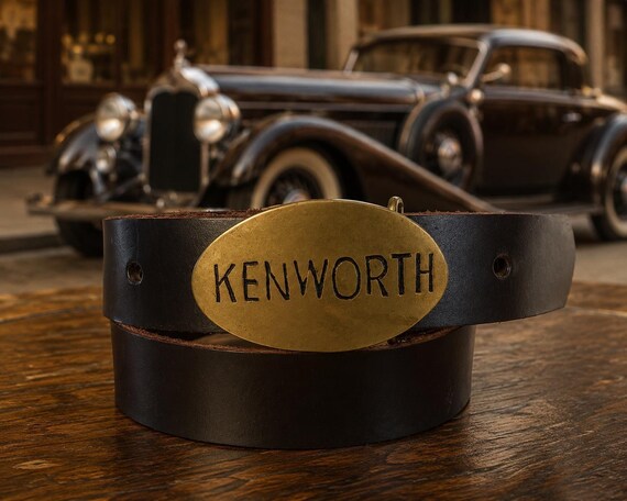 Vintage Kenworth Brass Belt Buckle with Custom Genuine Leather Belt | Truck Driver Gift | Semi Truck Collectible | Vintage Trucker Belt