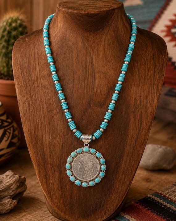 Vintage Morgan Silver Dollar Pendant Necklace | Turquoise Coin Necklace | Sterling Silver Southwestern Jewelry | Boho Western Pendant Coin