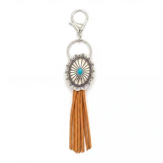 Western Boho Chic, Turquoise Concho Keychain - Leather Tassel, Bag Charm | Silver-Tone