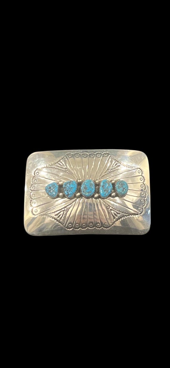 Vintage Native American Sterling Silver Turquoise Belt Buckle – Signed JB – Handmade Leather Belt