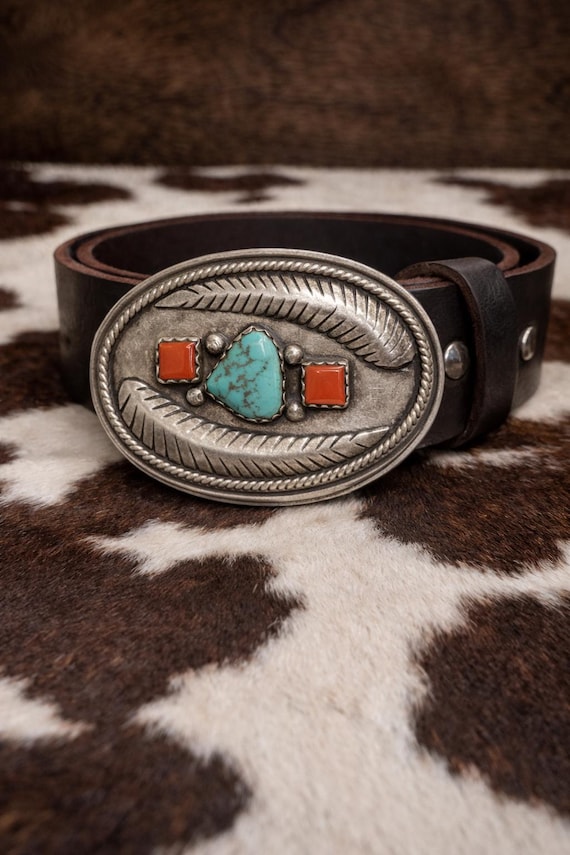 Vintage Sterling Silver Turquoise Coral Belt Buckle with Custom Leather Belt – Handmade Southwestern Buckle