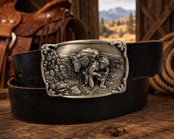 Vintage Bergamot Brass Works Gold Prospector Belt Buckle with Genuine Leather Belt | 1984 Pewter Western Buckle | Miner & Pack Mule Cowboy
