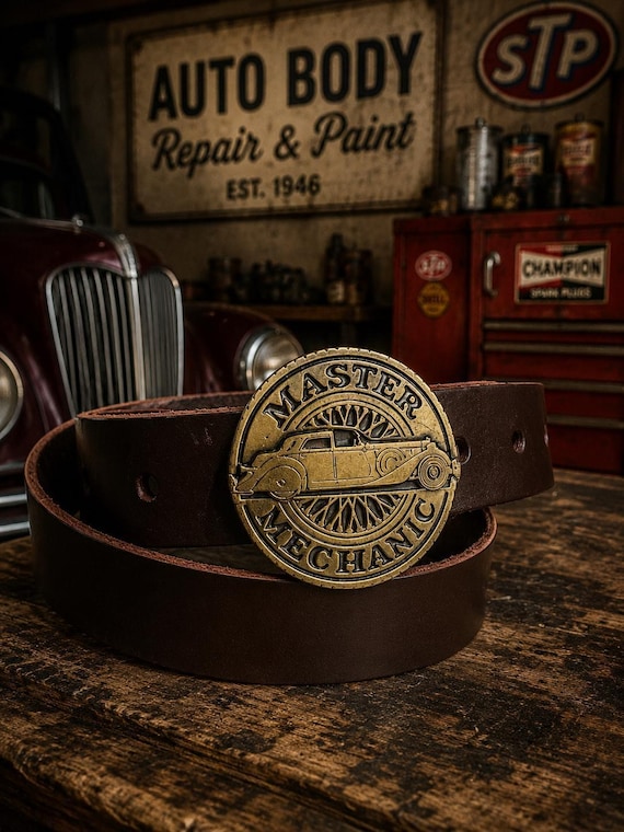 Vintage 1979 Master Mechanic Belt Buckle with Handmade Genuine Leather Belt | Limited Edition | Made in USA | Classic Car Collector Buckle