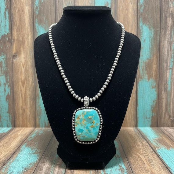 Turquoise Southwestern Pendant Large, Sterling Silver Necklace