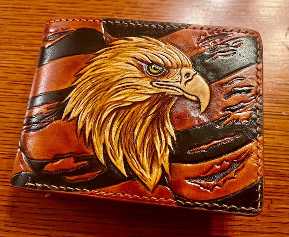 Patriotic Leather Wallet, Hand Carved Eagle and Flag (Billfold Style)