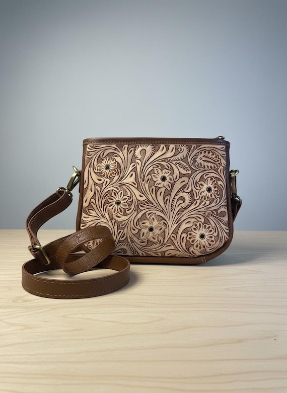 Hand Tooled Leather Crossbody Purse Tan and Brown| Genuine Leather Floral Tooled Handbag | Western Boho Shoulder Bag