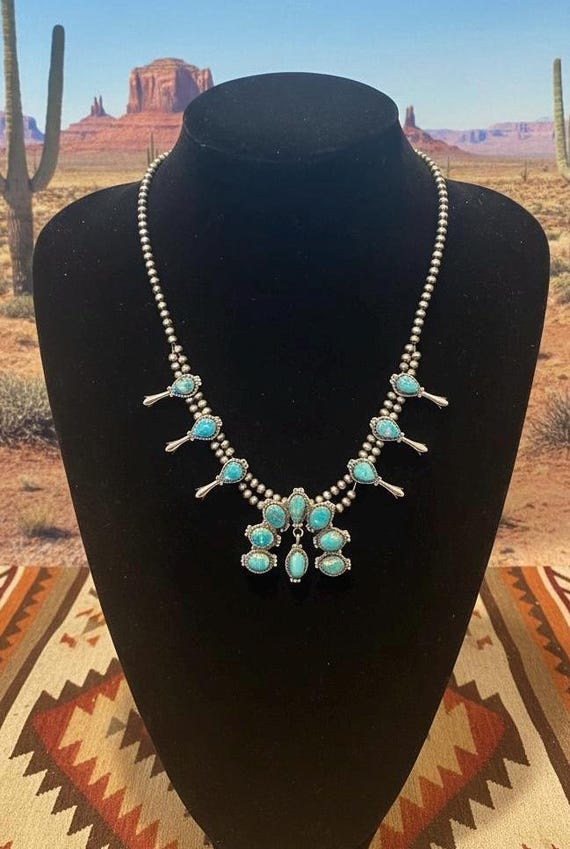 Southwestern White Water Turquoise Squash Blossom Necklace | Sterling Silver Beaded Necklace | Statement Turquoise Pendant | Western Gift