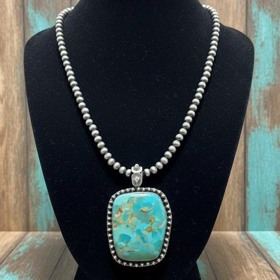 Turquoise Southwestern Pendant, Sterling Silver Necklace included