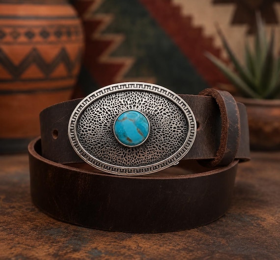 Sterling Silver Turquoise Belt Buckle w/ Premium Leather Belt Southwestern Cowboy Style