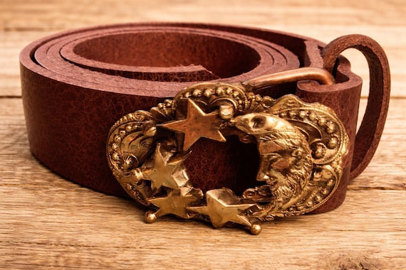 Moon and Stars Brass Belt Buckle (Custom Size, Handmade Art)