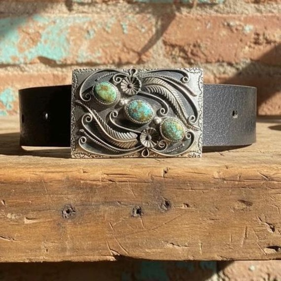 Southwestern Turquoise Belt Buckle with Leather Belt | Handmade Nickel Buckle | Genuine Turquoise Western Belt | Boho Cowgirl Statement Belt