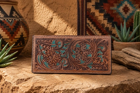 Women Carved Leather Wallet- Compact (Tan & Turquoise)