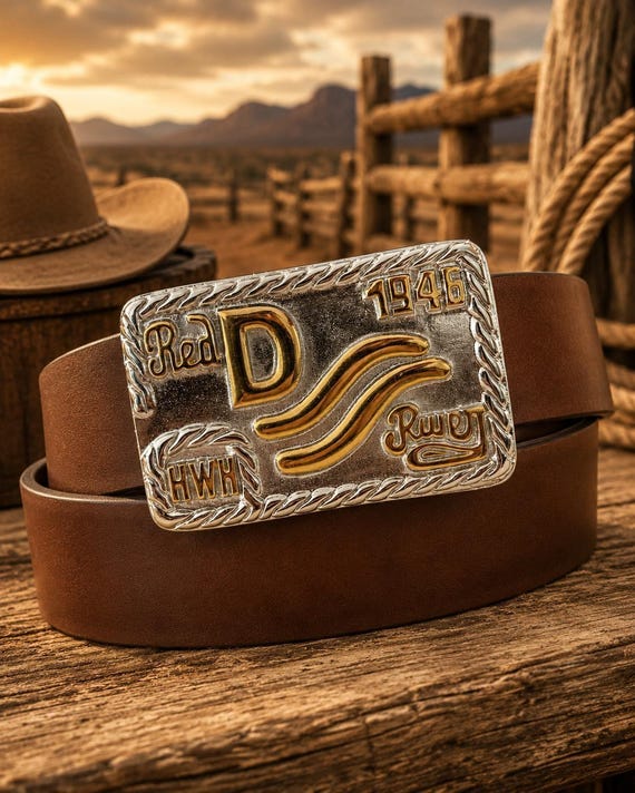 John Wayne Red River D Belt Buckle & Custom Leather Belt | 1946 HWH Western Cowboy Buckle | Pewter or White Brass Gift