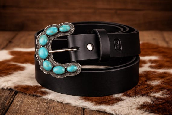 Sterling Silver Turquoise Southwestern Belt Buckle – Handmade Leather Western Cowgirl Belt
