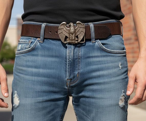 Vintage 1970s Heraldic Eagle Belt Buckle, Optional Handmade Leather Belt