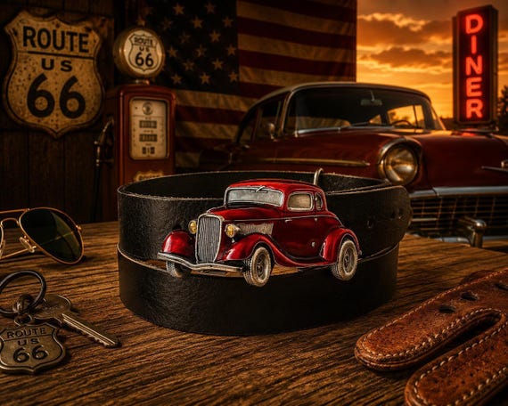Vintage Red Ford Coupe Belt Buckle with Handmade Leather Belt | Classic Car Belt | Route 66 Americana Gift | Hot Rod Enthusiast Gift