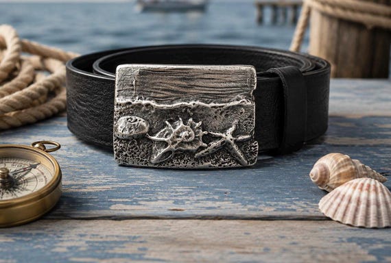 Starfish and Shells Belt Buckle with Custom Genuine Leather Belt | Nautical Coastal Accessory for Beach Lover | Gift for Her