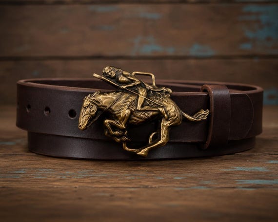 Vintage Belt Buckle Indian Warrior on Pony, Solid Brass, with Custom Genuine Leather Belt