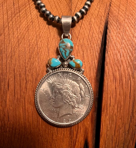 Premium 1922 Peace Silver Dollar Coin with Turquoise Pendant, and Navajo Sterling Necklace, Signed