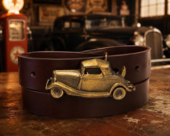 Vintage 1930s Ford Style Coupe Solid Brass Belt Buckle with Handmade Genuine Leather Belt | Classic Hot Rod | Vintage Automobile Gift