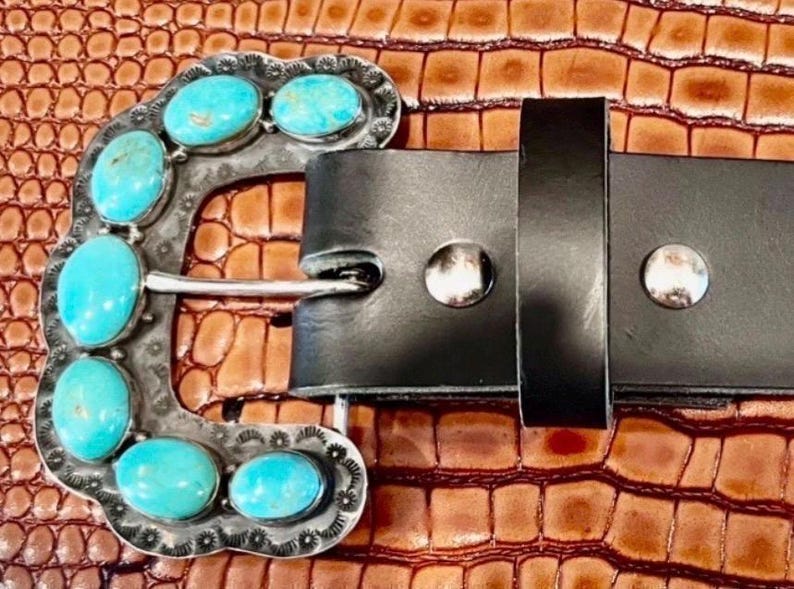 Southwestern Sterling Ranger B Turquoise Belt Buckle – Handmade Cowgirl Western Leather Belt image 6