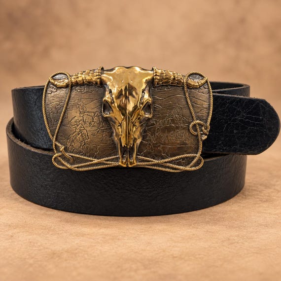 Longhorn Skull Buckle with Custom Genuine Leather Belt, Western Cowboy Belt for Men