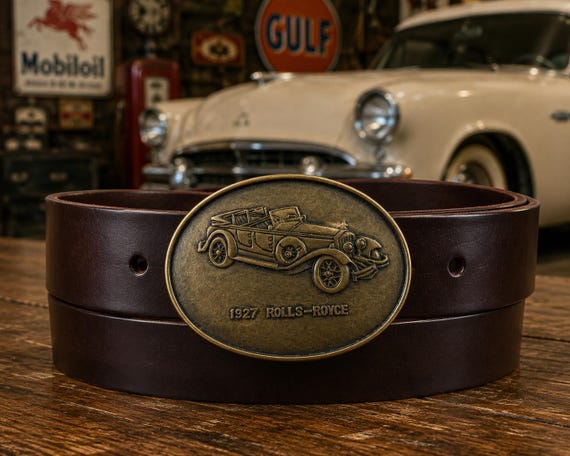 Vintage Rolls-Royce Belt Buckle with Handmade Genuine Leather Belt | Solid Brass Classic Automobile Gift | Custom Leather Belt
