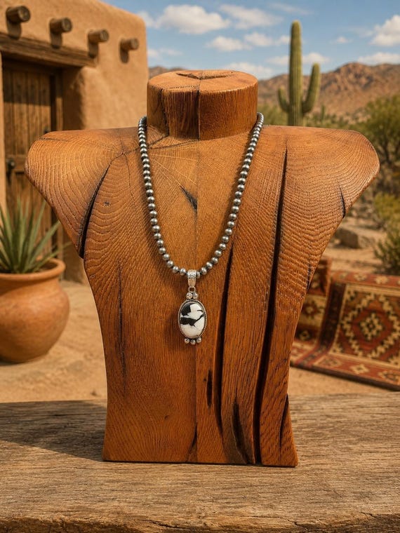 White Buffalo Turquoise Pendant: Sterling Pearl Necklace (6mm)