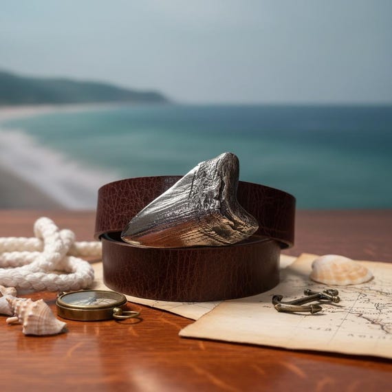 Megalodon Shark Tooth Belt Buckle - Leather Strap, Brass Detail