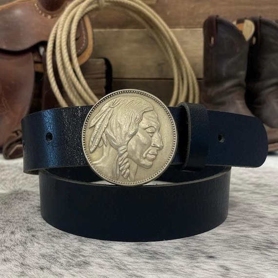 Solid Brass Indian Head Belt Buckle with Leather Belt | 2.25" Round Western Style