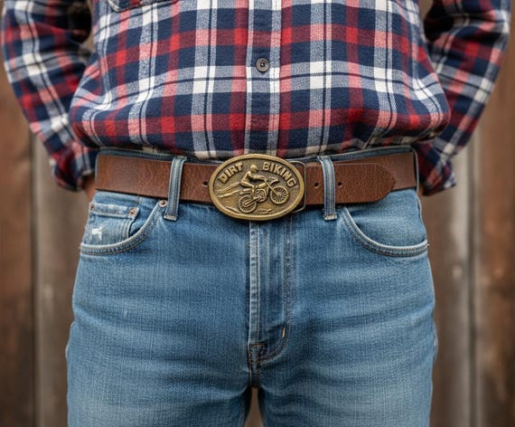 Vintage Belt Buckle DIRT BIKE, Solid Brass, Optional Belt