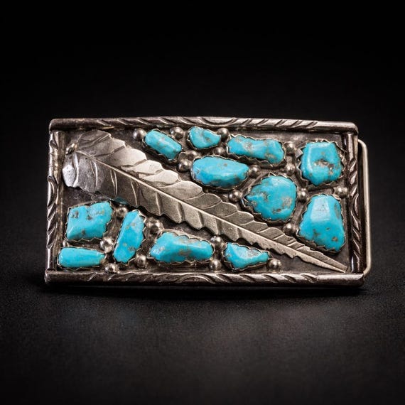 Signed Wayne C. Zuni Sterling Silver Turquoise Feather Belt Buckle – Southwestern Artisan Piece