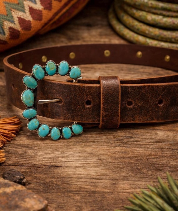 Turquoise Belt Buckle with Leather Belt, Sterling Silver Southwestern Buckle Set, Handmade Western Belt, Boho Cowgirl Belt, Gift for Her