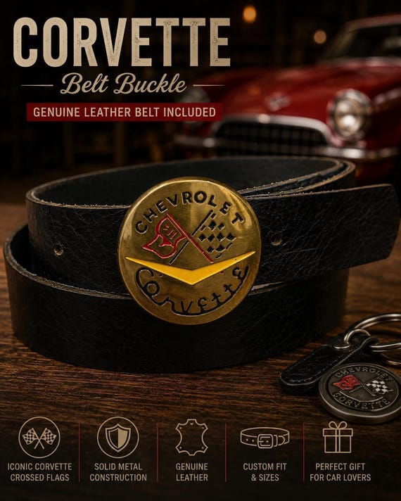 Vintage Classic Chevrolet Corvette Belt Buckle with Genuine Leather Belt – Retro Chevy Cross Flags Buckle – Classic Car Gift for Men