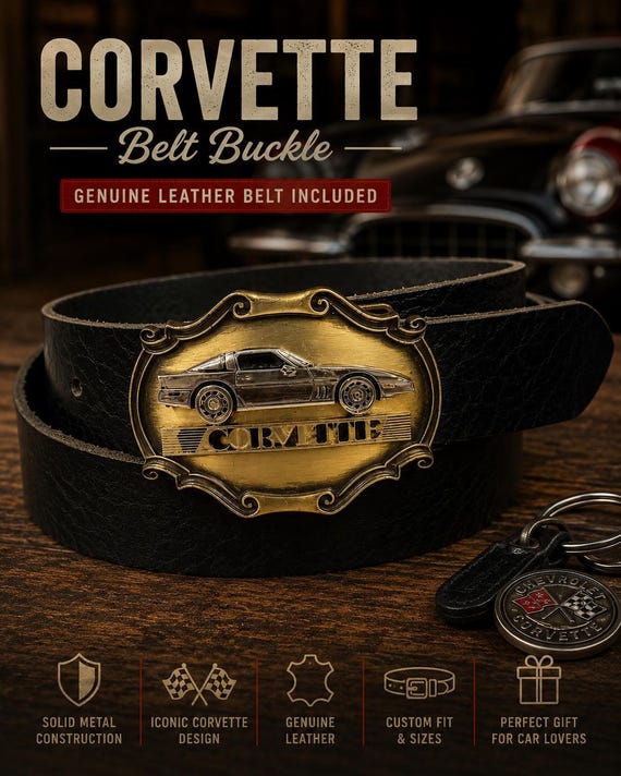 Vintage Classic Chevrolet Corvette Belt Buckle with Genuine Leather Belt – Retro Chevy Cross Flags Buckle – Classic Car Gift for Men