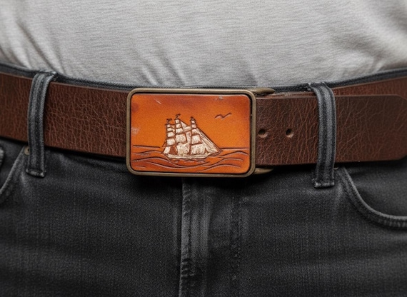 Vintage Belt Buckle "USS Constitution" Hand- Painted