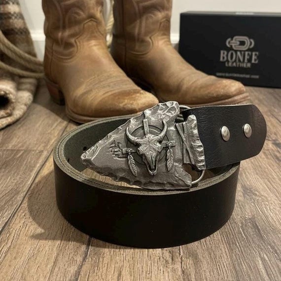 Vintage Southwestern Arrowhead Belt Buckle |  Custom Genuine Leather Handmade Belt, Various Colors with Custom Genuine Leather Belt