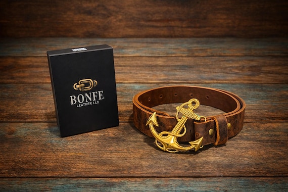 Handmade Leather Anchor Belt – Brass or Pewter Buckle, Nautical Style