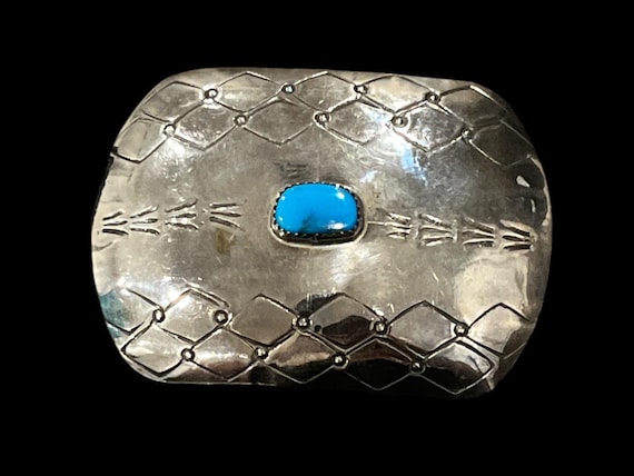 Vintage Turquoise Navajo Belt Buckle | Hand Stamped Nickel Silver Western Buckle