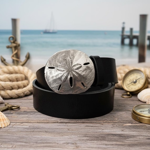 Sand Dollar Belt Buckle – White Yellow Brass, Genuine Leather Nautical Belt