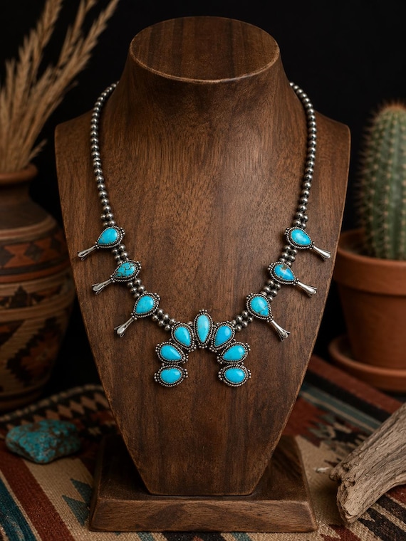 Southwestern Sierra Blue Turquoise Squash Blossom Necklace | Sterling Silver Beaded Necklace | Statement Turquoise Pendant | Western Gift