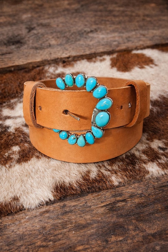 Southwestern Turquoise Belt Buckle with Custom Leather Belt – Sterling Silver Turquoise Buckle – Western Women’s Belt – Cowgirl Belt