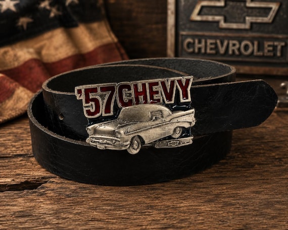 Vintage 1957 Chevy Belt Buckle with Genuine Leather Belt | Classic Chevrolet Car Buckle | Retro Americana Gift for Him