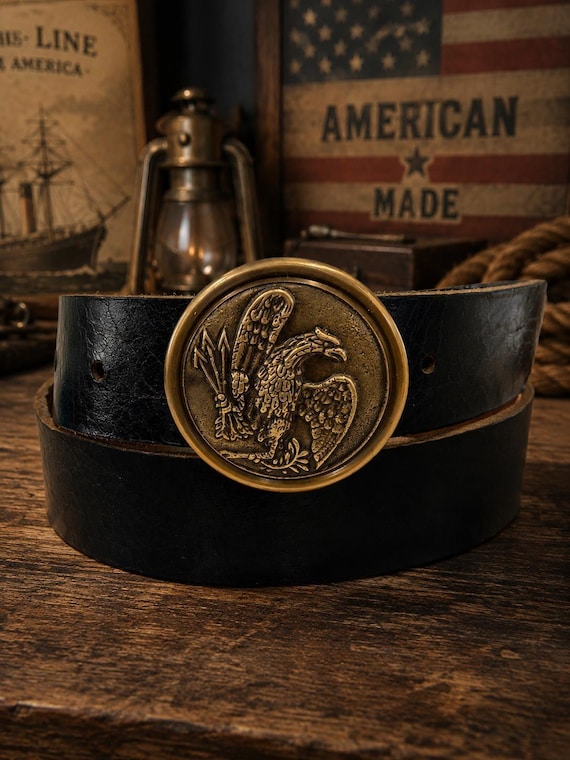 Vintage American Eagle Belt Buckle with Genuine Leather Belt | Solid Brass Patriotic Buckle | Americana Western Gift for Men