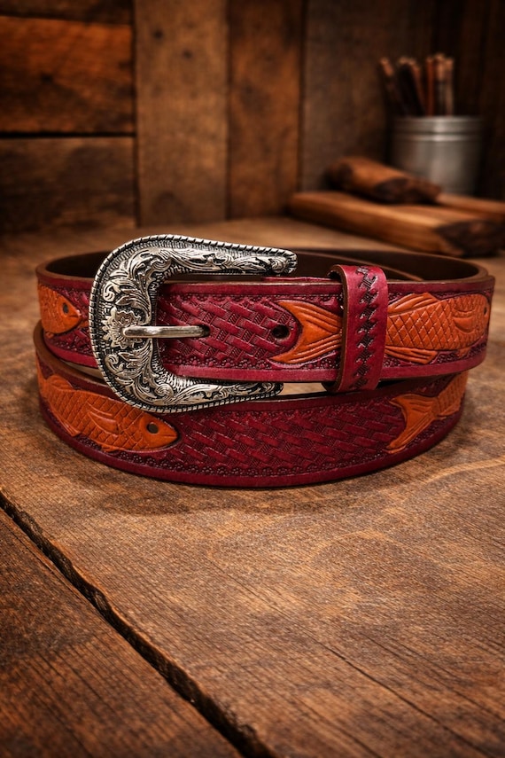 Hand-Carved Belt, Striped Bass - Mahogany Cowhide | Custom Fit | Artisan Belt Gift for Him