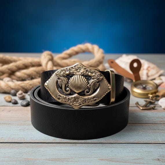 Coastal Nautical Seahorse and Clam Belt Buckle, By Silversmith Richard Kaish, w/ Premium Leather Belt