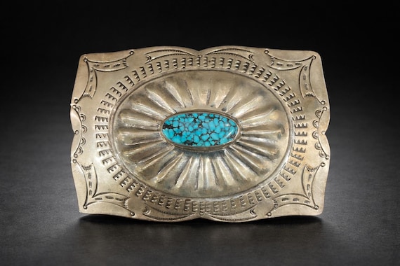 Vintage Sterling Silver Turquoise Belt Buckle with Handmade Leather Belt – Signed Tony Guerro – Navajo Artisan Buckle